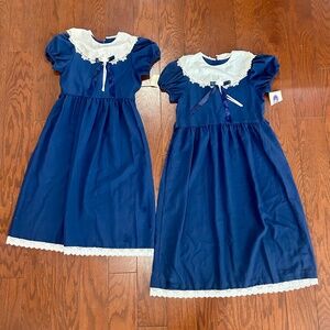 2 Children’s Girls Navy Blue Dresses White Lace Peter Pan Collar NWT